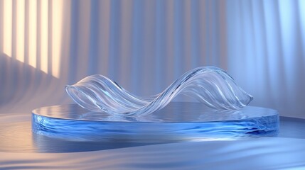 Aufkleber - 3D render of a podium featuring a transparent glass wavy ribbon on water set against an abstract geometric background in holographic blue hues Contemporary platform mockup designed for promotional