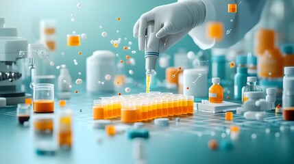 Poster - Dedicated scientist carefully pipetting precise solutions into multiple sample containers for in depth laboratory testing using laboratory equipment in a meticulously organized workspace
