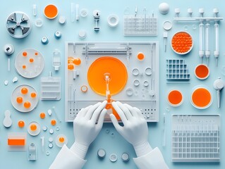 Poster - A scientist carefully pipetting a vibrant orange liquid into petri dishes with precise and focused movements