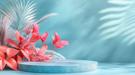 Aufkleber - 3D rendering of an abstract podium display featuring tropical leaves and coral pink plants Concept for product promotion with a soft blue natural background