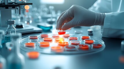Poster - A professional medical researcher in a sterile lab setting carefully and precisely adding reagent to Petri dishes for scientific study and analysis  The focused expression and hand movements
