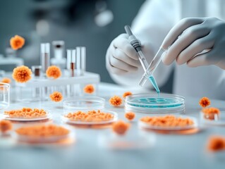 Poster - Meticulous scientist in a white coat intently pipetting a vibrant azure liquid into clear glass petri dishes surrounded by detailed laboratory apparatus