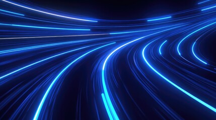 Poster - Abstract Blue Long Exposure Motion Light Trails On Dark Background Futuristic Technology Design Directed Luminous Neon Lines Accelerator Energy Seamless Backdrop High Resolution