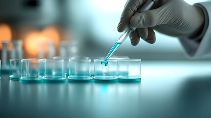 Poster - Meticulous Scientist Wearing White Coat Carefully Pipettes Vivid Blue Liquid into Transparent Petri Dishes in a Pristine Clinical Laboratory Setting