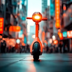 Poster - a compact futuristic electric scooter gliding effortlessly through the bustling sidewalks of a moder