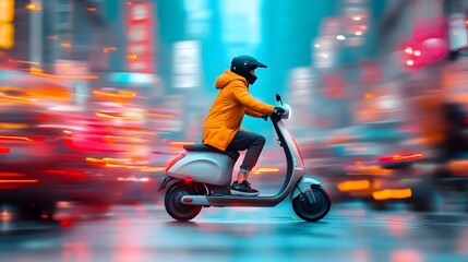 Poster - sleek electric scooter weaving through the crowded neon lit streets of a vibrant city its rider mane