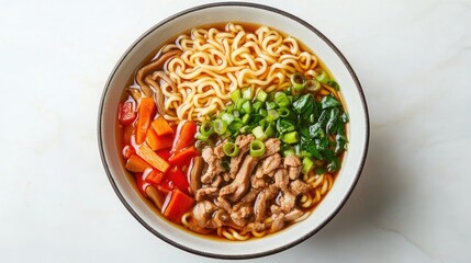 Aufkleber - Bowl of Asian noodles with pork vegetables and mushrooms viewed from above with empty space for text