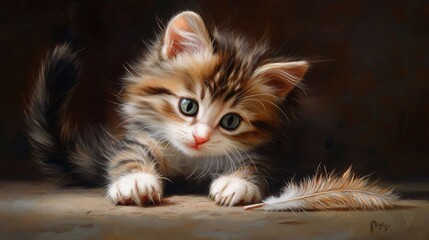 Poster - Cute Kitten Playfully Interacting with a Feather