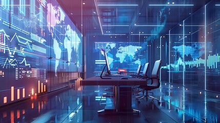 Aufkleber - A high-tech office with holographic financial reports and trend analysis floating in the air
