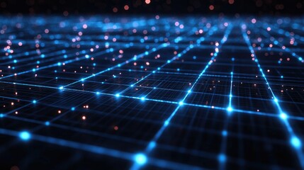 Blue grid on a black background with neon blue cross lines creating an abstract technical design