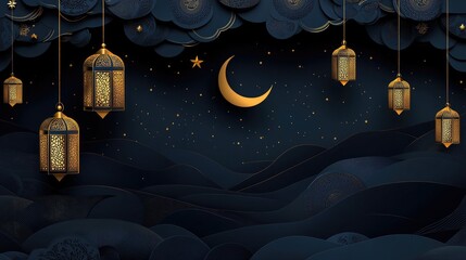 Abstract Islamic Golden Ramadan Night Sky Background With Paper Cut Style Crescent Moon Lantern Holiday Festive Design Copy Space Banner 3D Illustration