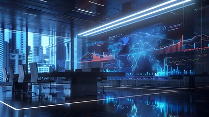 Aufkleber - A holographic display of investment portfolios and stock performance floating in a sleek conference room