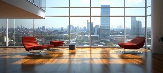 A modern minimalist living room with sleek furniture and large windows