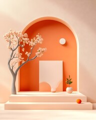 Poster - Tranquil 3D studio environment featuring pale peach toned walls and floor a clean product exhibition platform