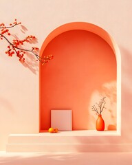 Poster - Serene 3D studio environment with pale peach colored walls and floor featuring a product exhibition platform with a minimalist display of artwork