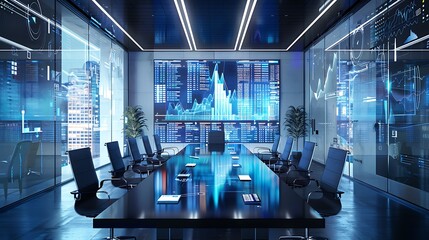 Aufkleber - A holographic display of investment portfolios and stock performance floating in a sleek conference room