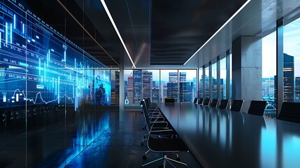 Poster - A holographic display of investment portfolios and stock performance floating in a sleek conference room