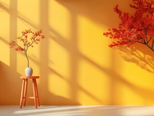 Poster - Serene 3D studio space with ochre toned walls minimal floor and podium soft shadow patterns from window lighting and a digital product mockup in natural sunlight