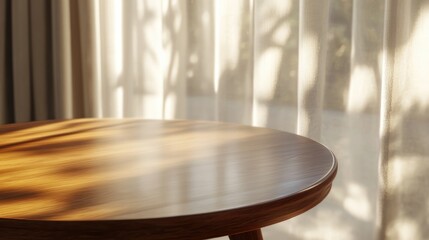 Aufkleber - 3D render close up of an empty round teak wood table with a linen curtain in the background bathed in beautiful morning sunlight casting shadows from the window frame Space Blank Mockup Products d