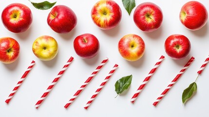 Poster - Apples and Drink Straws on White Background