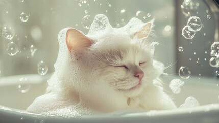 Poster - Relaxing Cat in Bubble Bath with Soft Foam