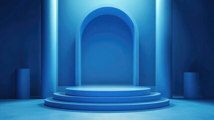 Poster - 3D rendered abstract blue backdrop featuring an empty stage with cylindrical podium steps and a vacant pedestal Ideal for showcasing products with ample copy space in a premium minimal design insp