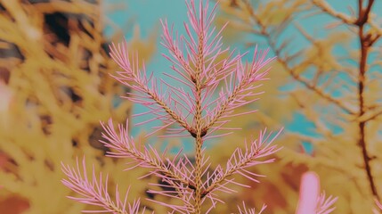 Aufkleber - Close up image of a light needle tree branch centered in the frame Soft focus and blur create a bokeh effect in the background featuring brown and green tones