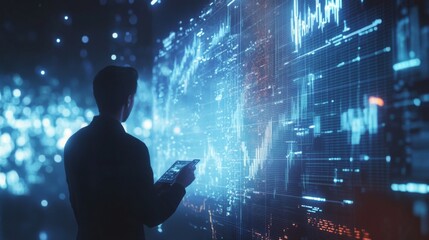 Poster - Businessman Analyzing Data on Digital Screen at Night