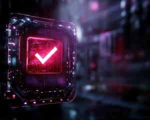 Poster - Futuristic digital check mark glowing with neon lights, symbolizing approval and technology in a modern, cyber-inspired environment.