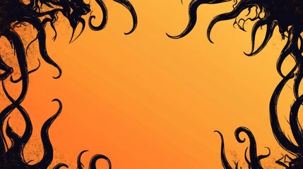 Aufkleber - Abstract doodle frame featuring monster tentacles set against a gradient orange background 2D cartoonish fantasy design with space for text Whimsical frame ideal for Halloween themes