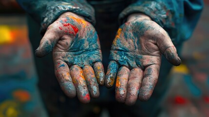 Poster - Artist s Hands with Paint Stains Close Up
