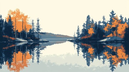 golden lake serenity: graphic movie animation poster of ontario, canada landscape