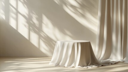 Aufkleber - 3D render of an abstract monochrome beige background featuring sunlight rays A contemporary minimalistic scene with an empty podium designed for product display accompanied by a table draped in wh