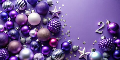 Purple and Silver Christmas Baubles and Stars on a Purple Background with a Silver Number Two