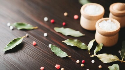 Aufkleber - Close up of salt and pepper shakers with bay leaves on a dark wooden table Space for text
