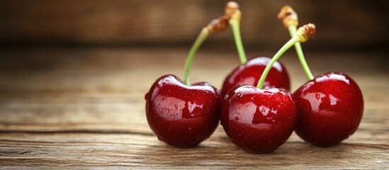 Poster - Closeup Of Group Fresh Cherry On Brown Wooden