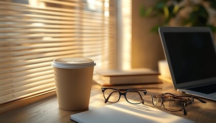 Poster - A cozy workspace featuring a coffee cup, laptop, glasses, and stacked books, bathed in warm sunlight from a nearby window.