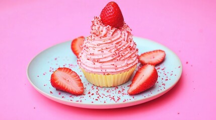 Aufkleber - Chu Cream with Fresh Strawberries Strawberry Chu Cream Recipe Displayed on a White Plate Closeup of Chu Cream and Strawberries Topped with Vanilla Cream Bakery Image with Space for Text