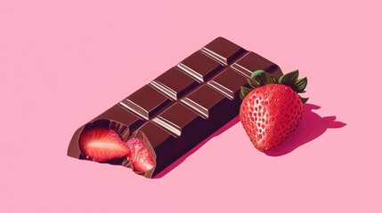 Poster - 2D cartoon style illustration of a bitten chocolate bar with strawberry flavor set against a pink background