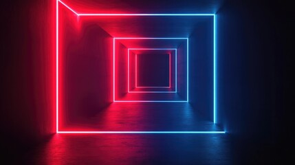 Poster - Abstract Dark Wall With Red And Blue Cyber Light Bright Neon Glowing Rectangle For Technology And Wireless Internet Connection Conceptual Background For Website Banner Or Flyer