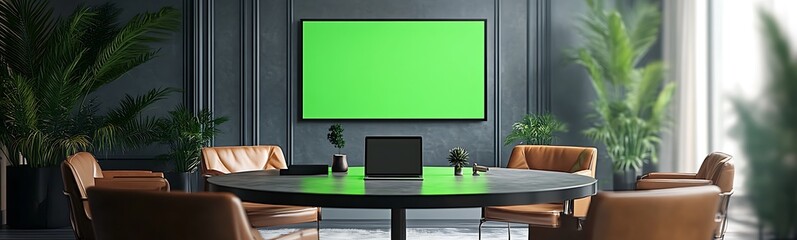 Poster - A modern conference room featuring a green screen TV, stylish chairs, a round table, and indoor plants for a fresh atmosphere.