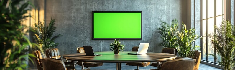 Aufkleber - A modern conference room features a green screen TV, wooden table, chairs, and plants, creating a productive and stylish workspace.