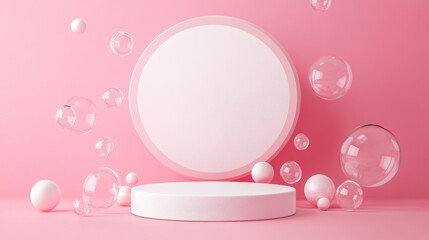 Aufkleber - Abstract white foam circle podium on pink background Template for product presentation 3D render Minimalist design