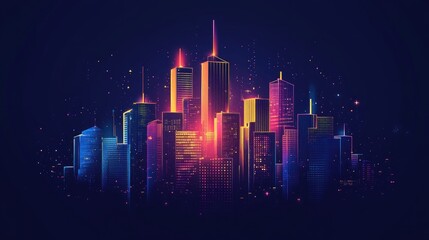 Poster - Abstract Metropolis Illustration Exaggerated View Of Buildings City Life Concept With Colorful Neon Lights Fintech Marketing Visualization Financial District At Night