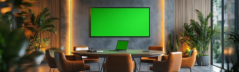 Aufkleber - Modern conference room featuring a green screen television, elegant chairs, and indoor plants, creating a professional yet inviting atmosphere.