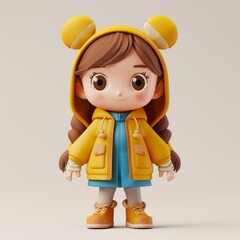 Wall Mural - Cute 3D Cartoon Character of a Girl Wearing a Yellow Hoodie