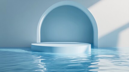 Poster - Blue water surface with a podium for displaying cosmetic products 3D rendering scene