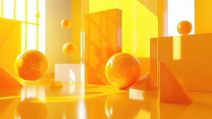 Aufkleber - 3D rendering of abstract geometric shapes featuring vibrant yellow and orange colors