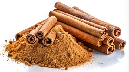 Cinnamon Sticks and Powder on White Background