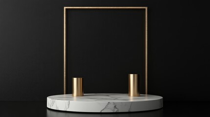Poster - 3D rendering of a white marble pedestal on a black background featuring a gold square frame and two cylindrical blocks embodying an abstract minimal concept with blank space and a simple clean des